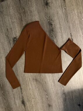 Zara Asymmetrical One-Shoulder Brown Fitted Top With Attached Sleeve